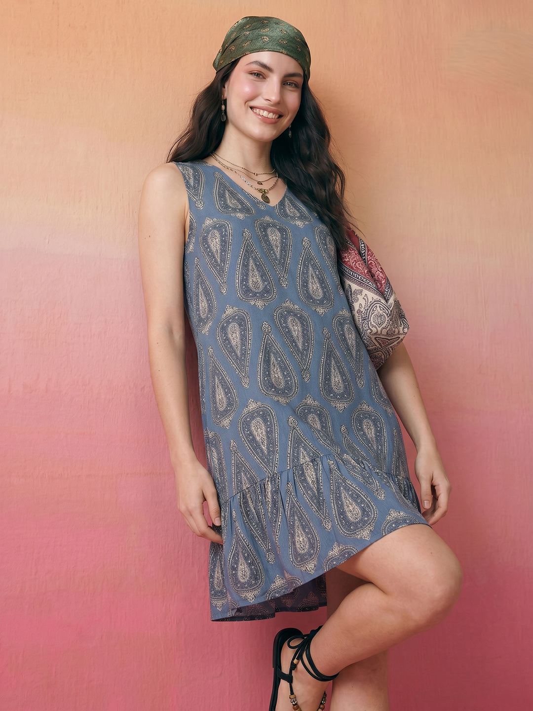 Janasya Blue A-Line Cotton Dress | Grocsy