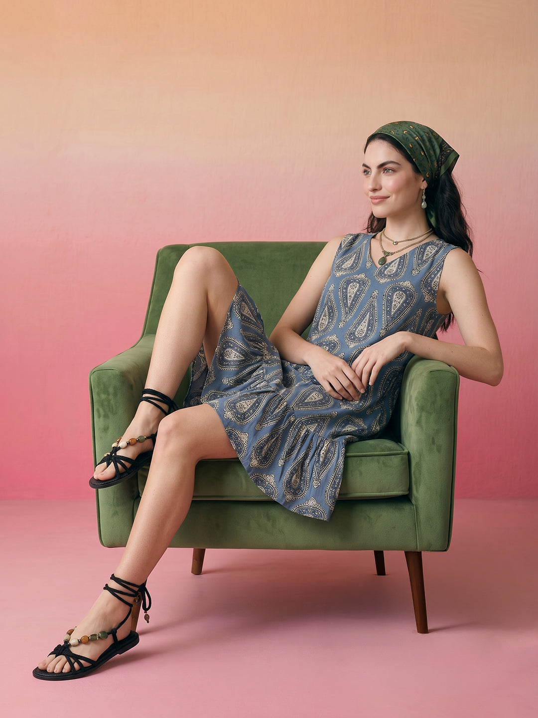 Janasya Blue A-Line Cotton Dress | Grocsy