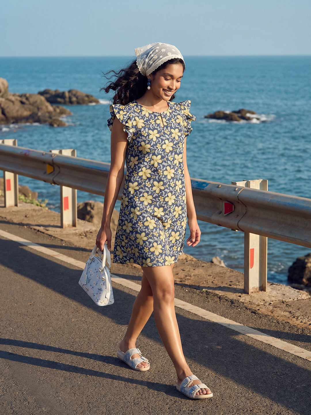 Janasya Navy Blue A-Line Cotton Dress | Grocsy