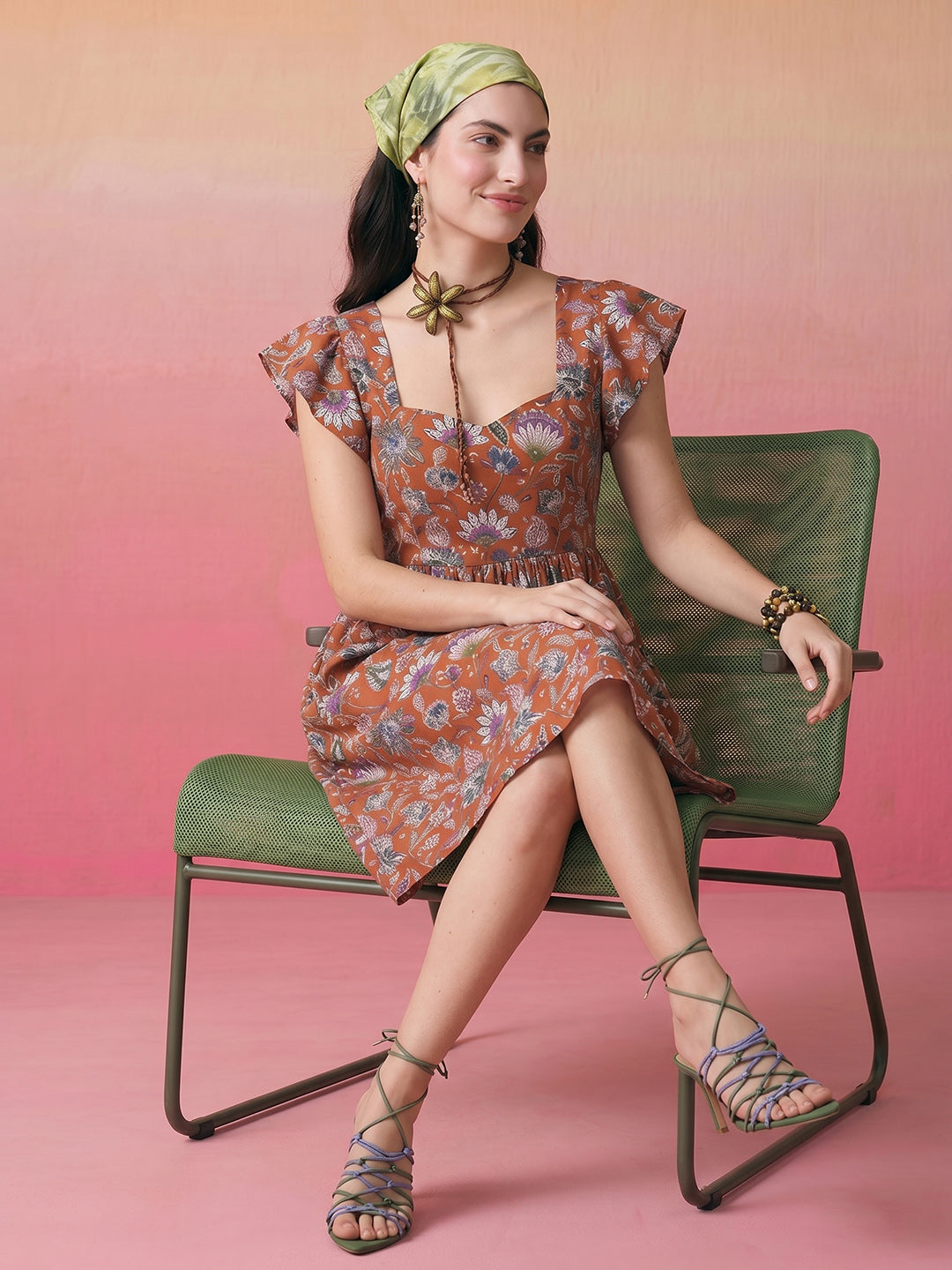 Janasya Rust A-Line Cotton Dress | Grocsy