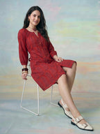 Janasya Maroon A-Line Cotton Dress | Grocsy