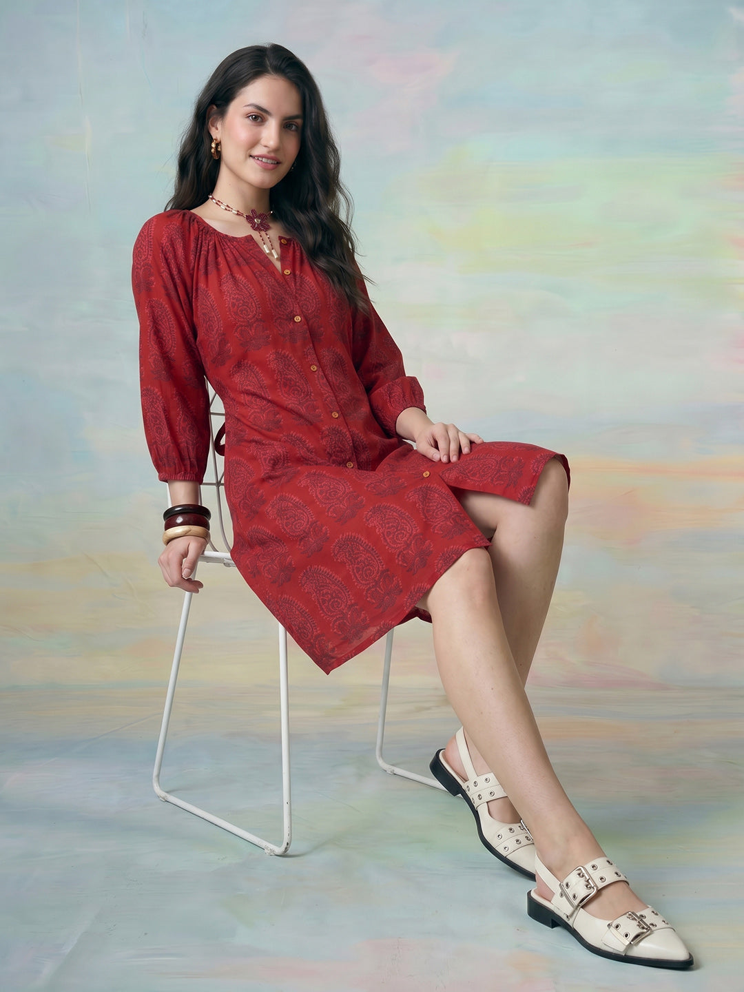 Janasya Maroon A-Line Cotton Dress | Grocsy