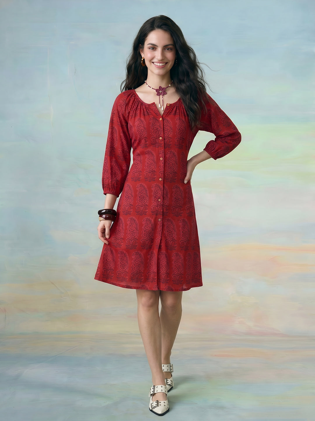 Janasya Maroon A-Line Cotton Dress | Grocsy