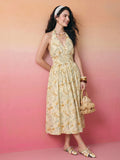 Janasya Light Yellow Fit & Flare Cotton Dress | Grocsy