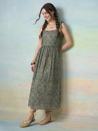 Janasya Green Fit & Flare Cotton Dress | Grocsy