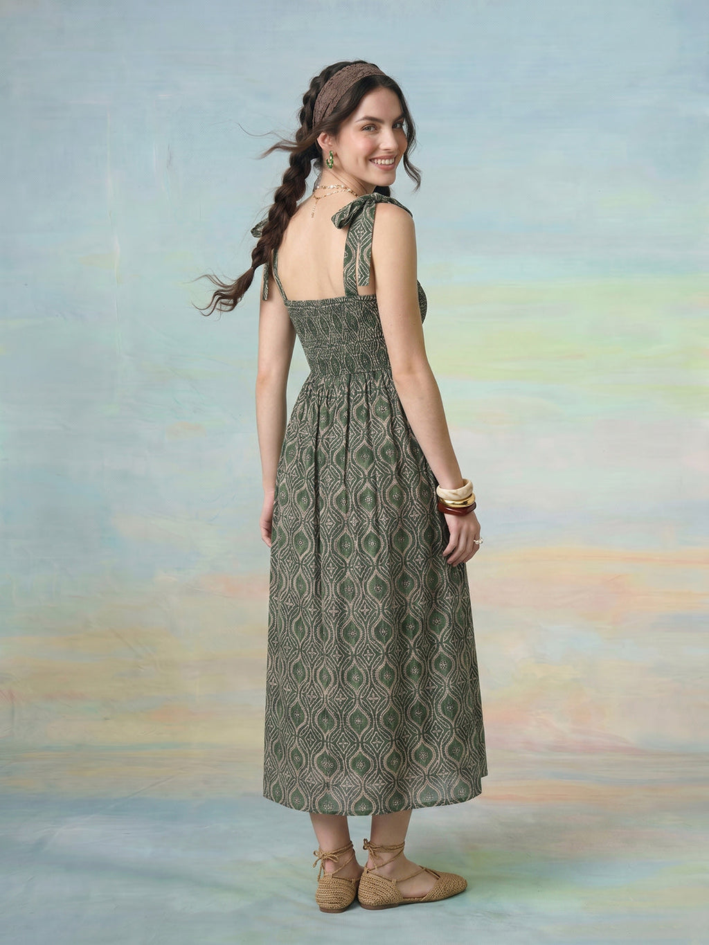 Janasya Green Fit & Flare Cotton Dress | Grocsy