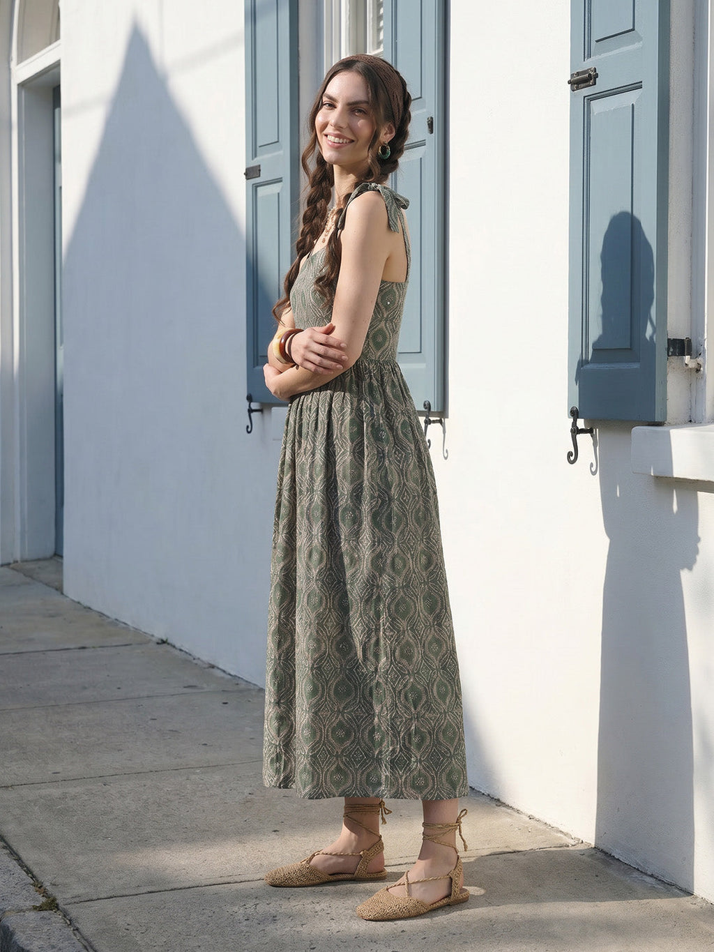 Janasya Green Fit & Flare Cotton Dress | Grocsy