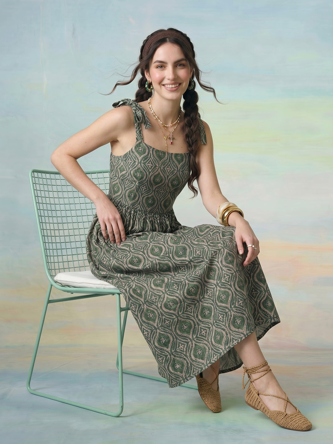Janasya Green Fit & Flare Cotton Dress | Grocsy