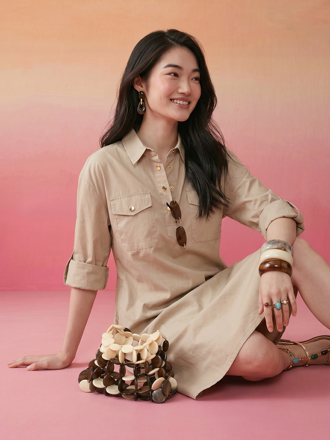 Janasya Beige Shirt Dress Cotton Dress | Grocsy