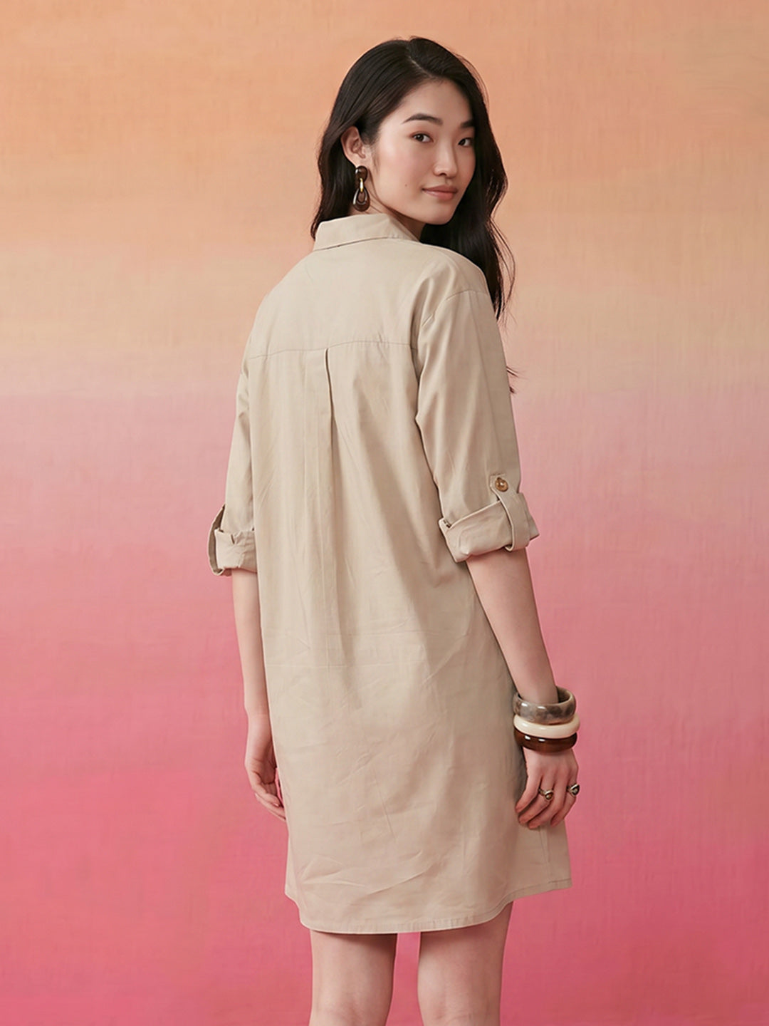 Janasya Beige Shirt Dress Cotton Dress | Grocsy
