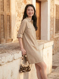 Janasya Beige Shirt Dress Cotton Dress | Grocsy