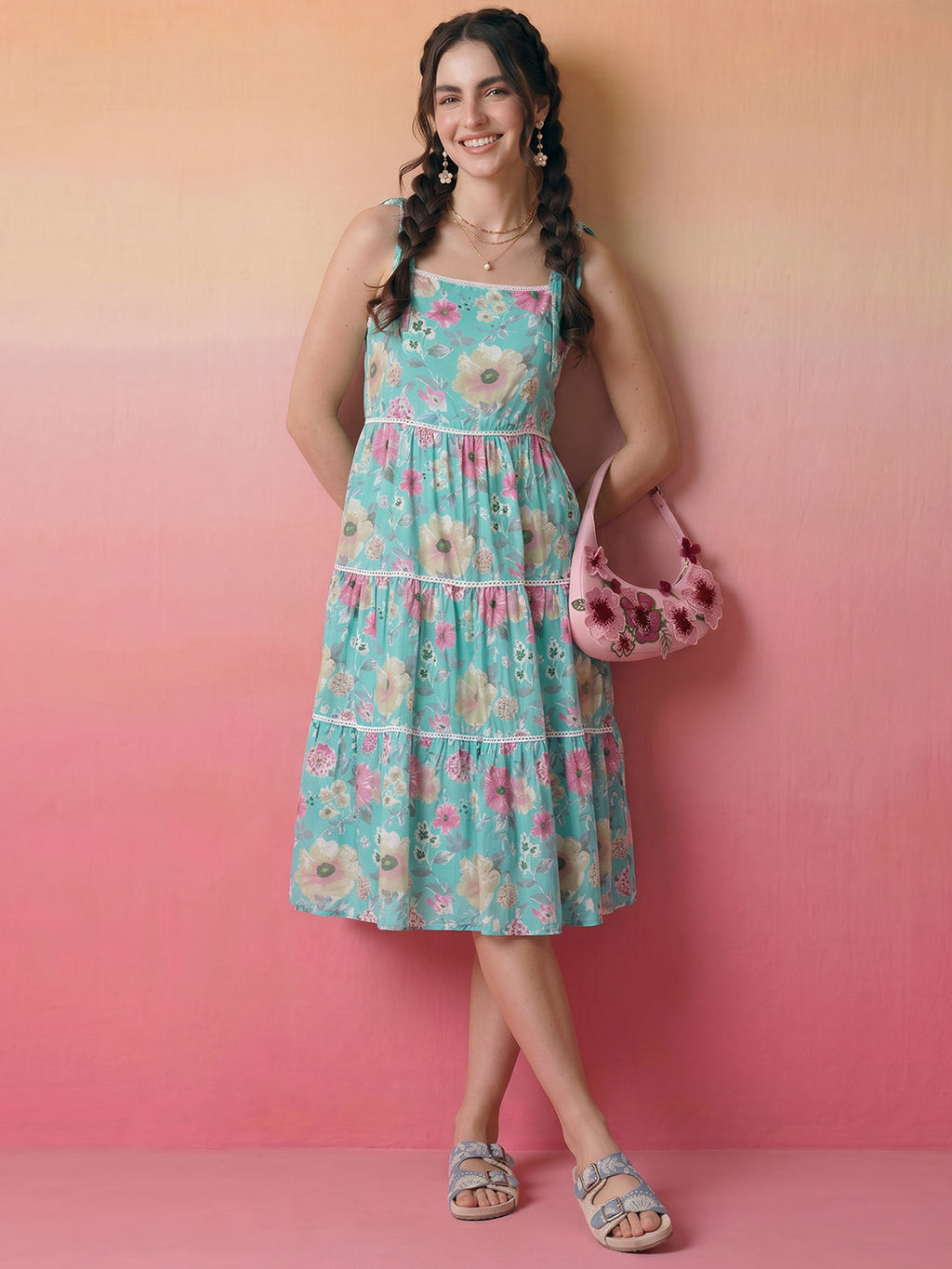 Janasya Sky Blue Tiered Cotton Dress | Grocsy