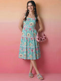 Janasya Sky Blue Tiered Cotton Dress | Grocsy