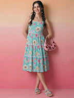 Janasya Sky Blue Tiered Cotton Dress | Grocsy