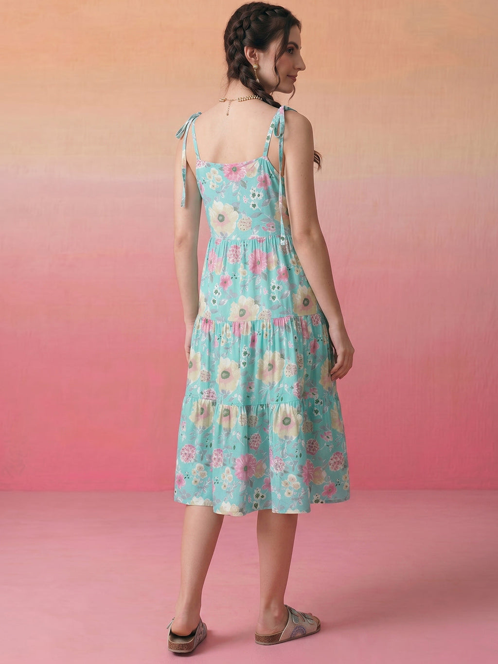 Janasya Sky Blue Tiered Cotton Dress | Grocsy