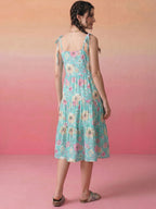 Janasya Sky Blue Tiered Cotton Dress | Grocsy