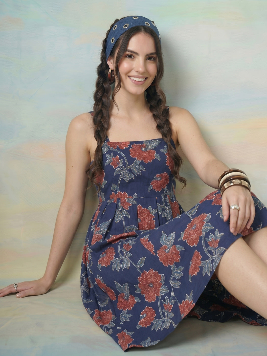 Janasya Navy Blue A-Line Cotton Dress | Grocsy