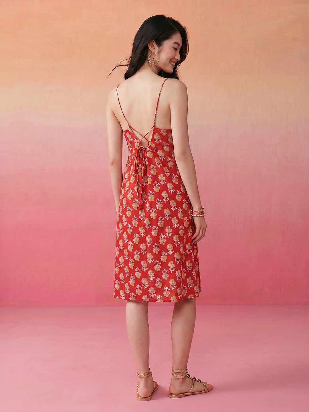 Janasya Red A-Line Cotton Dress | Grocsy