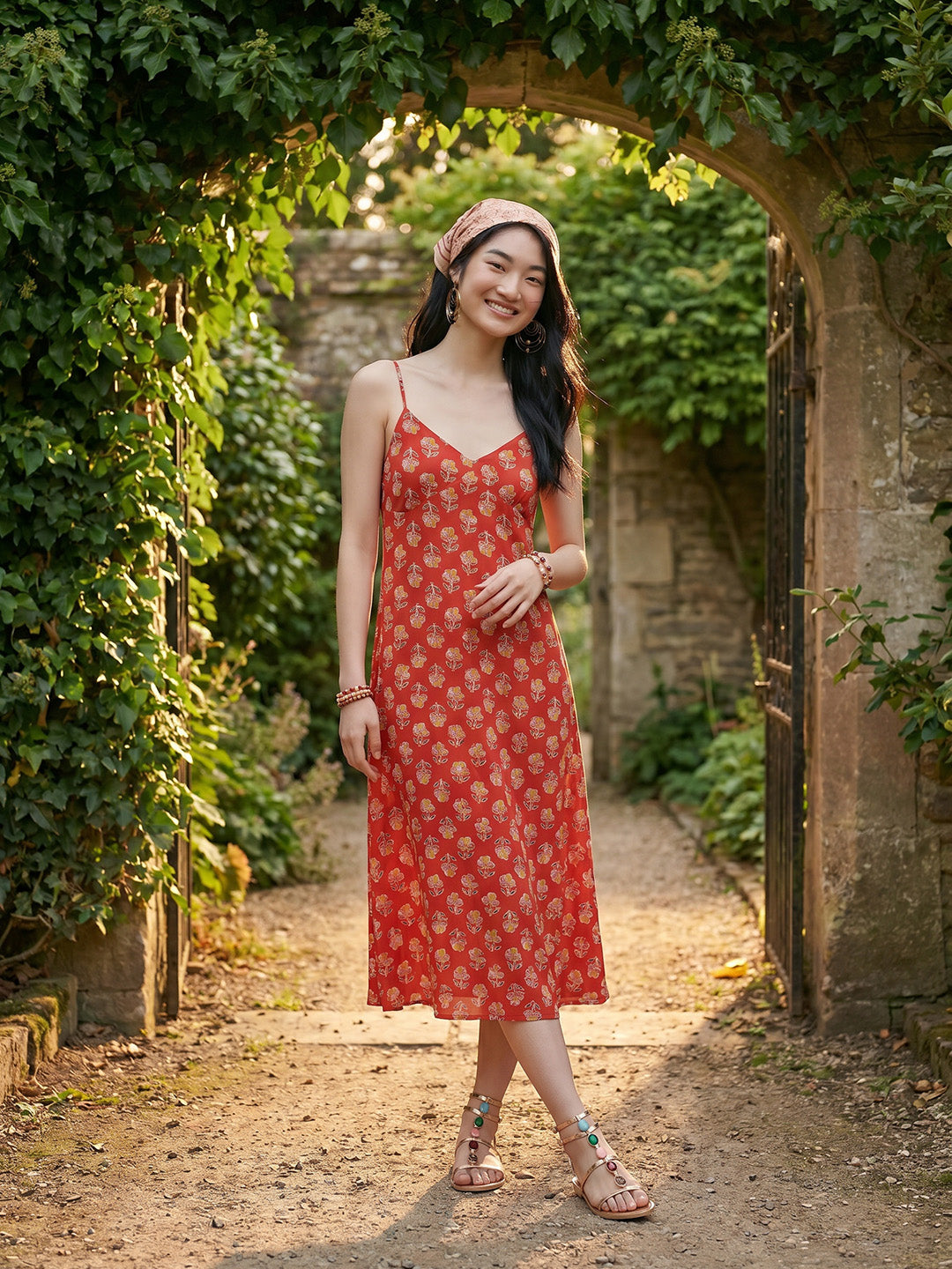 Janasya Red A-Line Cotton Dress | Grocsy
