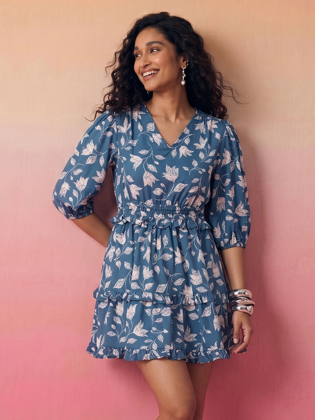 Janasya Blue Fit & Flare Cotton Blend Dress | Grocsy