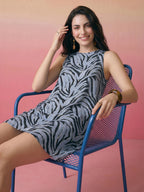 Janasya Blue A-Line Cotton Dress | Grocsy