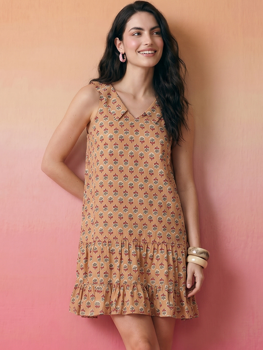 Janasya Beige A-Line Cotton Dress | Grocsy