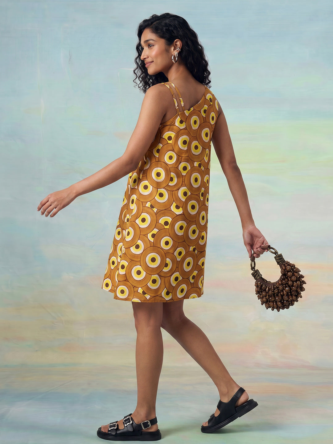 Janasya Brown A-Line Cotton Dress | Grocsy