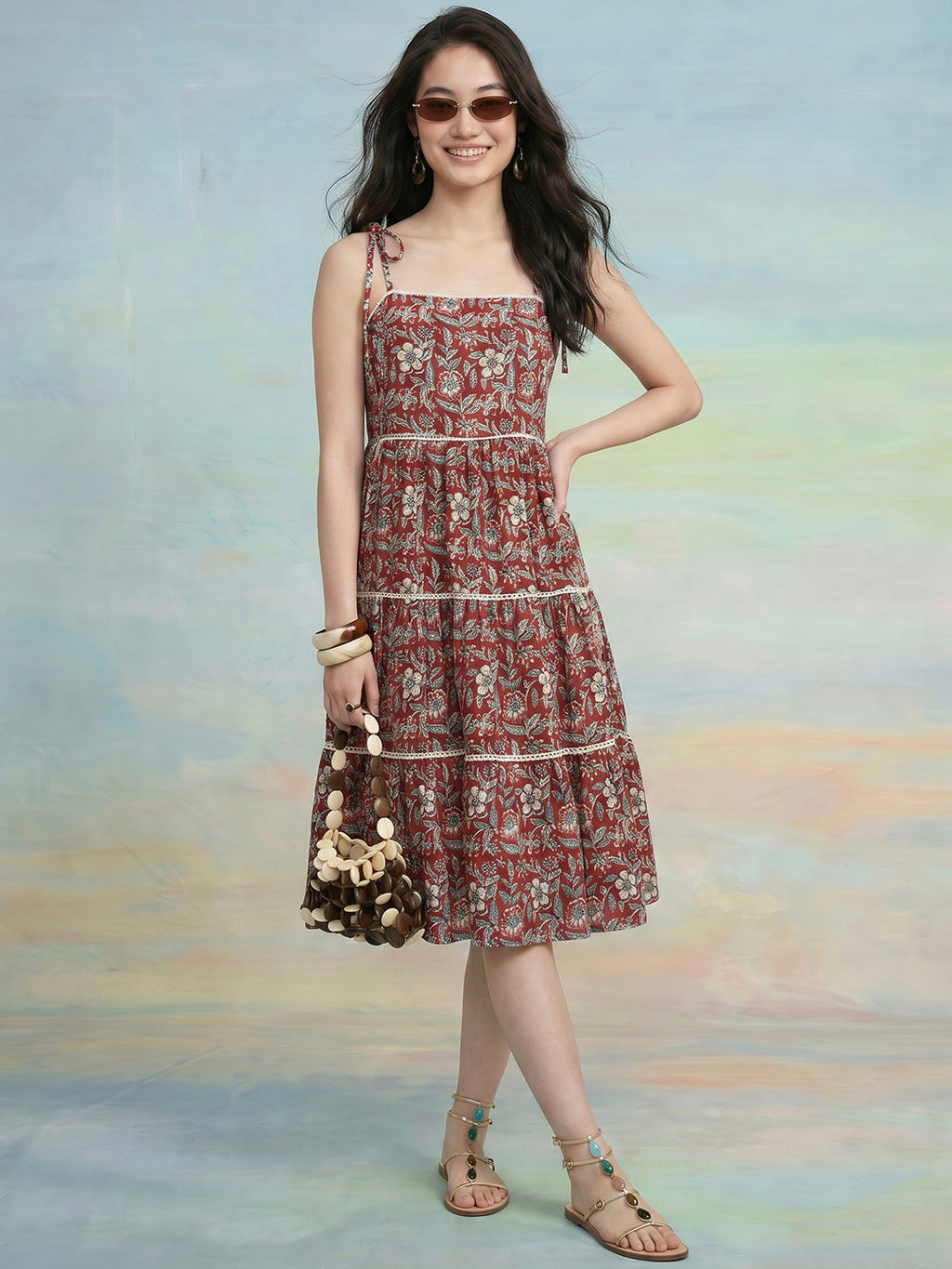 Janasya Maroon Tiered Cotton Dress | Grocsy