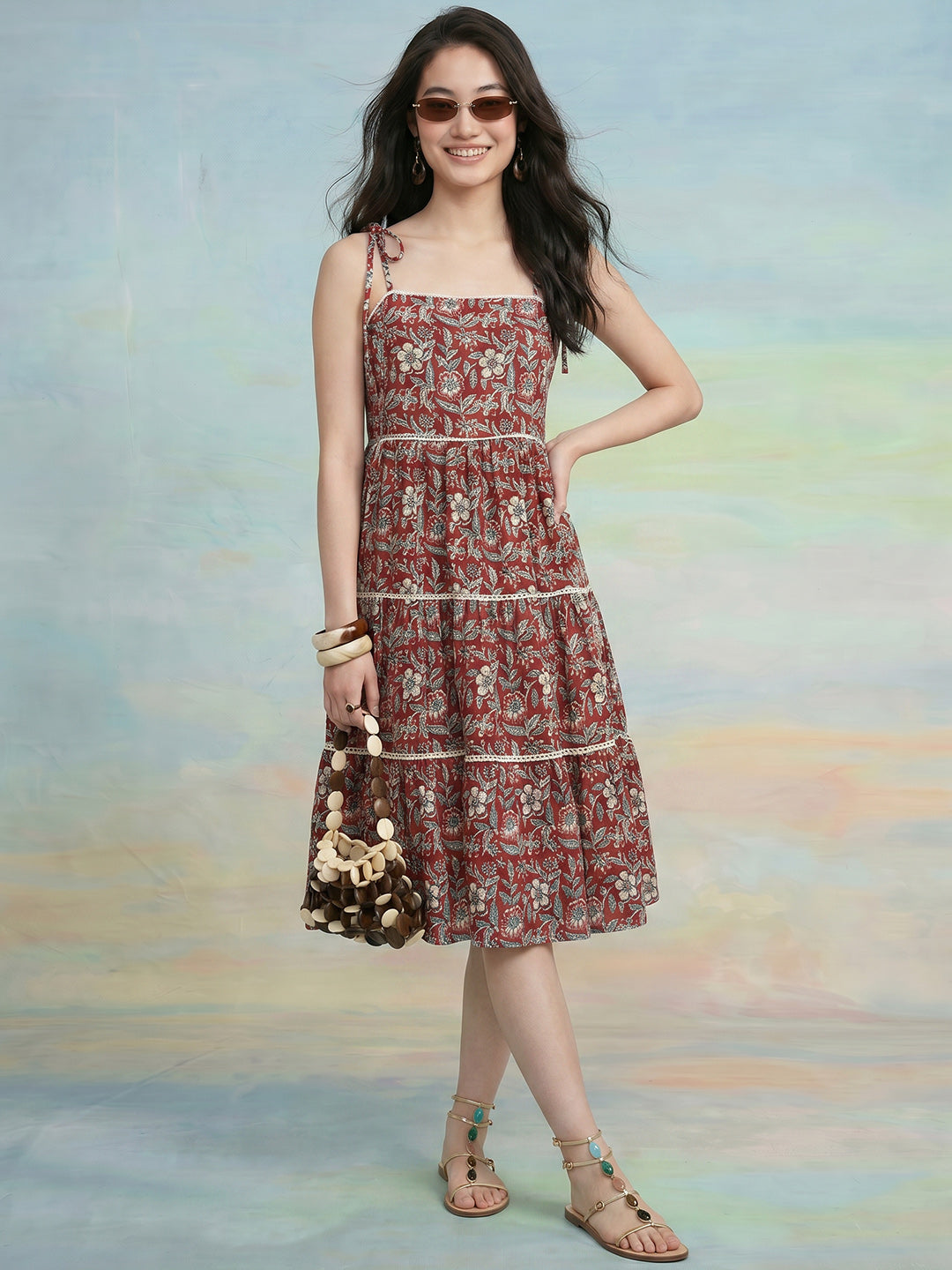 Janasya Maroon Tiered Cotton Dress | Grocsy