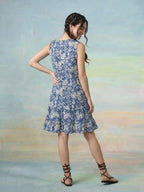 Janasya Blue A-Line Cotton Dress | Grocsy
