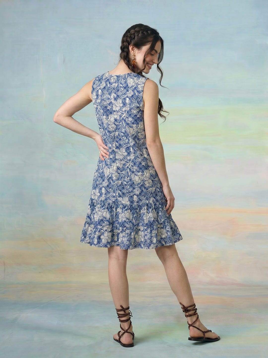 Janasya Blue A-Line Cotton Dress | Grocsy
