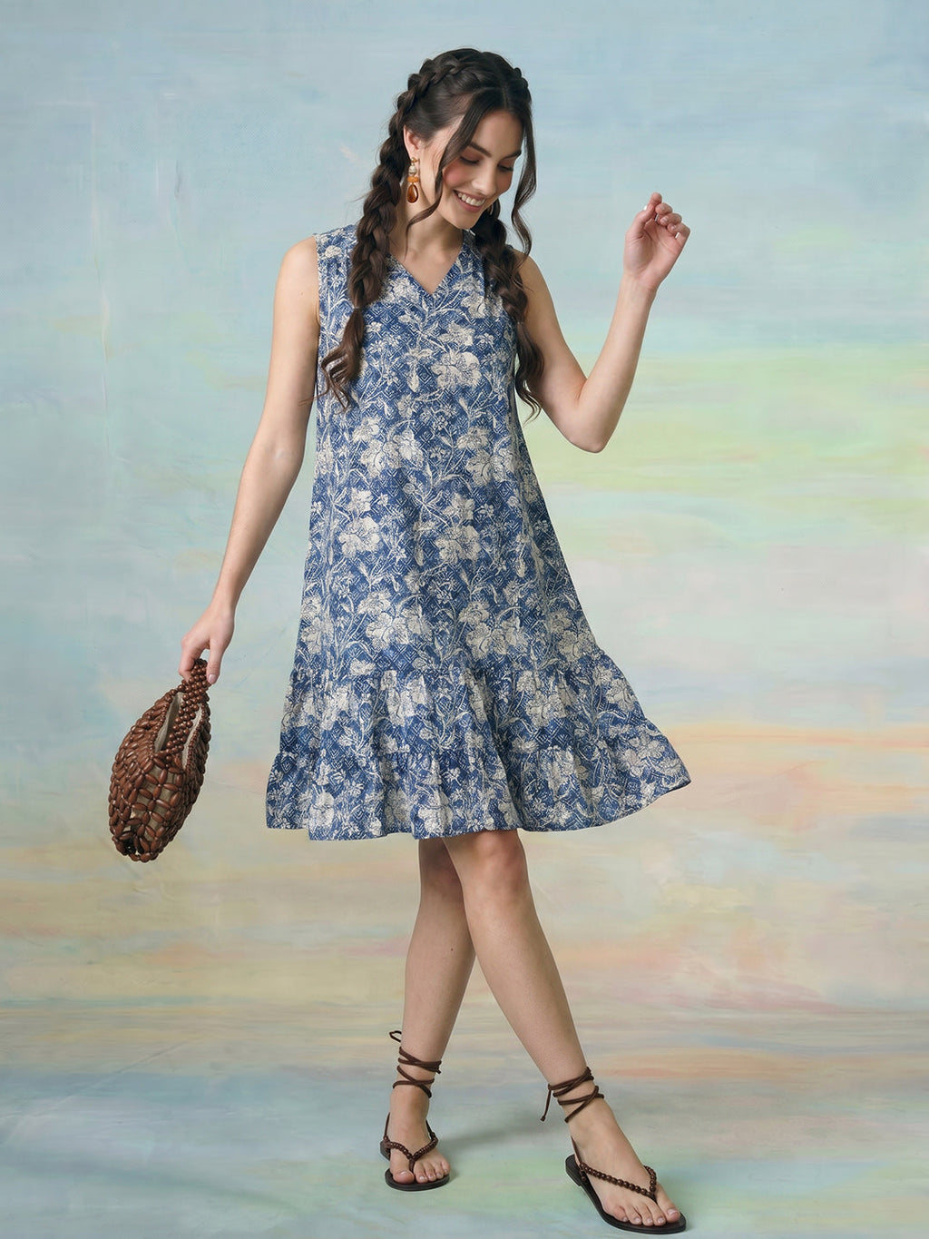 Janasya Blue A-Line Cotton Dress | Grocsy