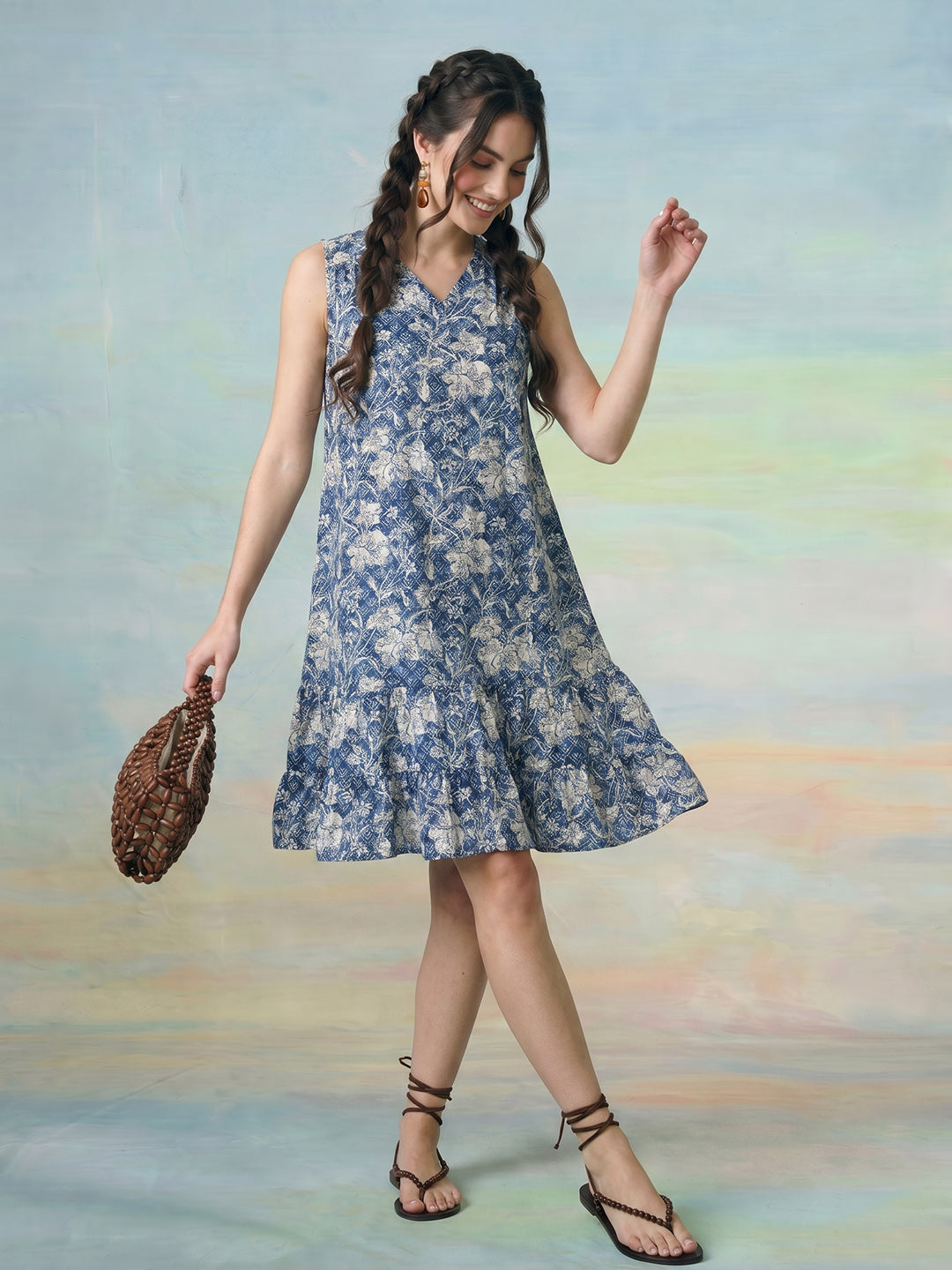 Janasya Blue A-Line Cotton Dress | Grocsy