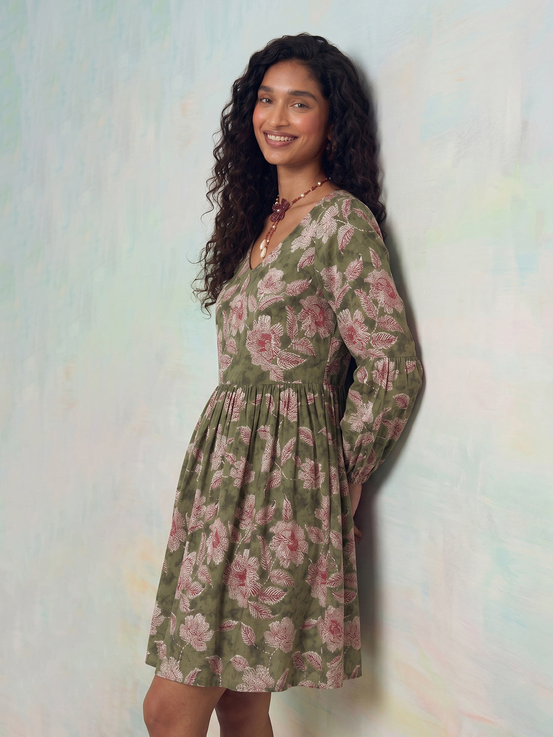 Janasya Sage Fit & Flare Cotton Dress | Grocsy