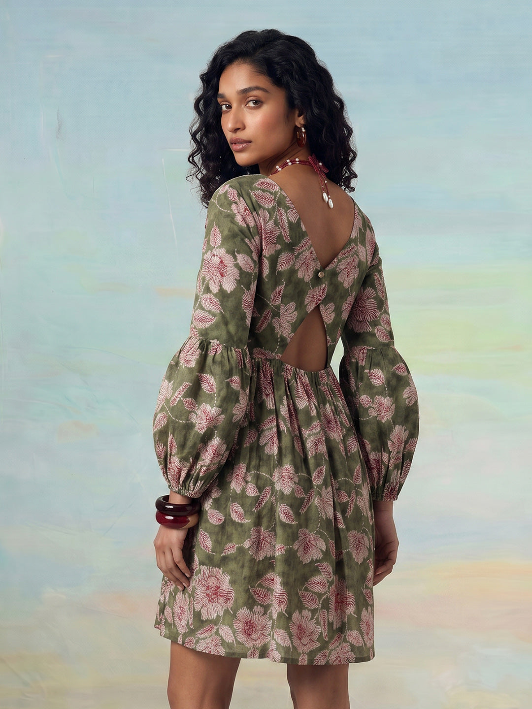 Janasya Sage Fit & Flare Cotton Dress | Grocsy