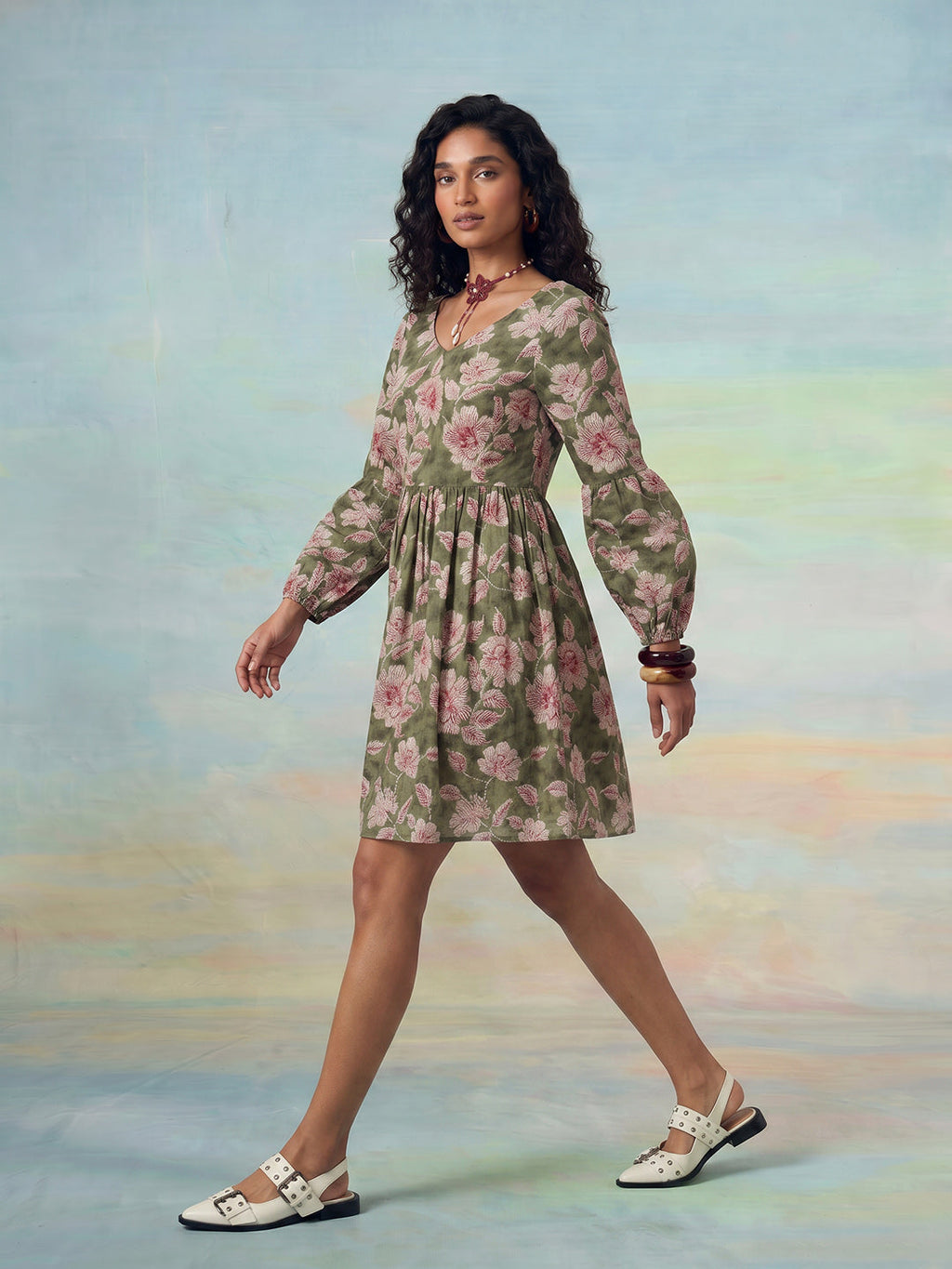 Janasya Sage Fit & Flare Cotton Dress | Grocsy
