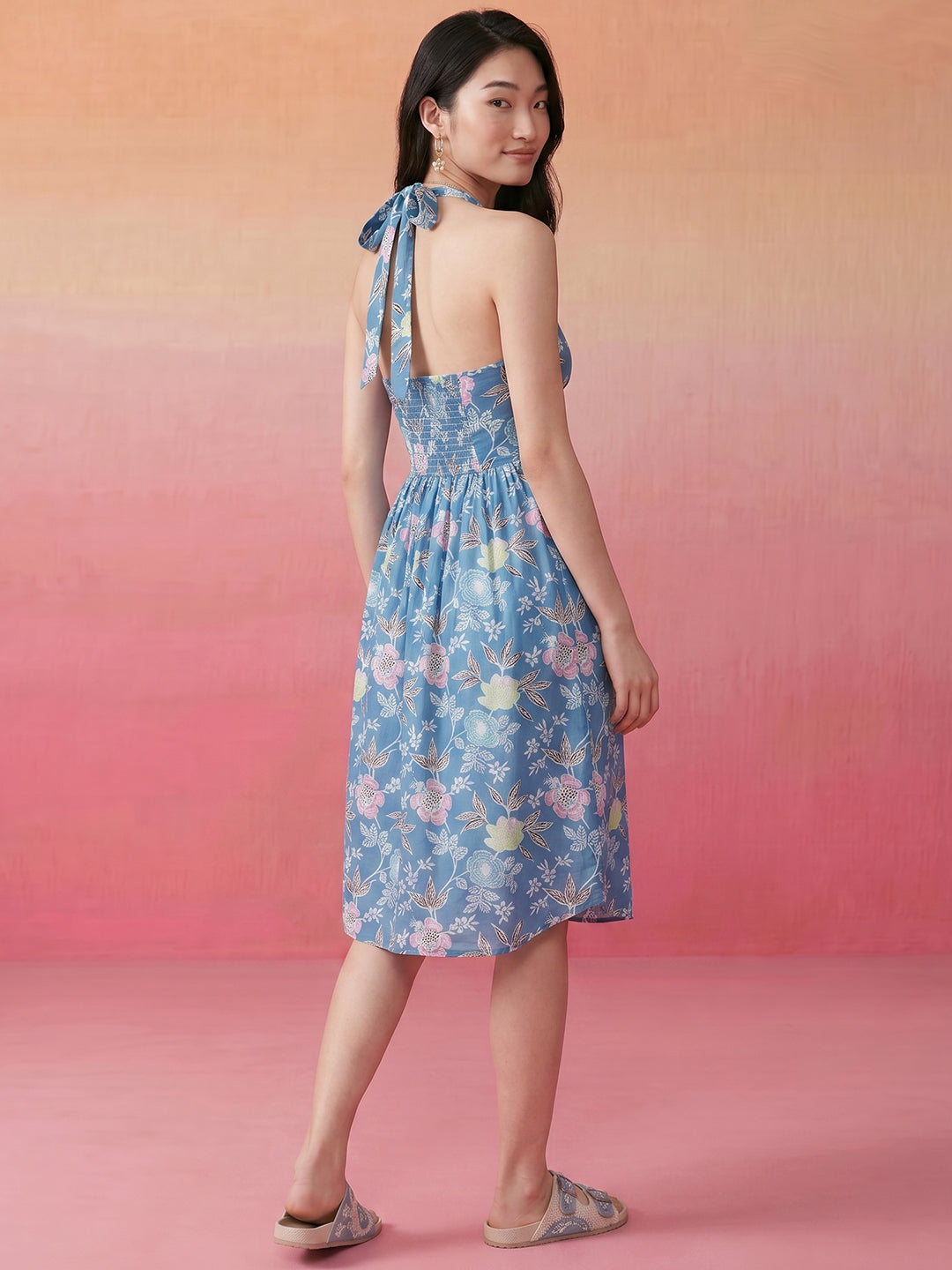 Janasya Sky Blue A-Line Cotton Dress | Grocsy