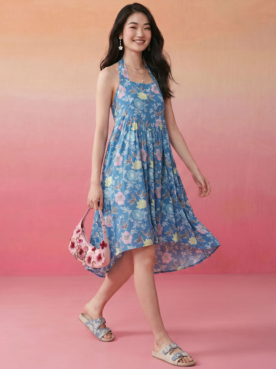 Janasya Sky Blue A-Line Cotton Dress | Grocsy