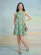 Janasya Green A-Line Cotton Dress | Grocsy