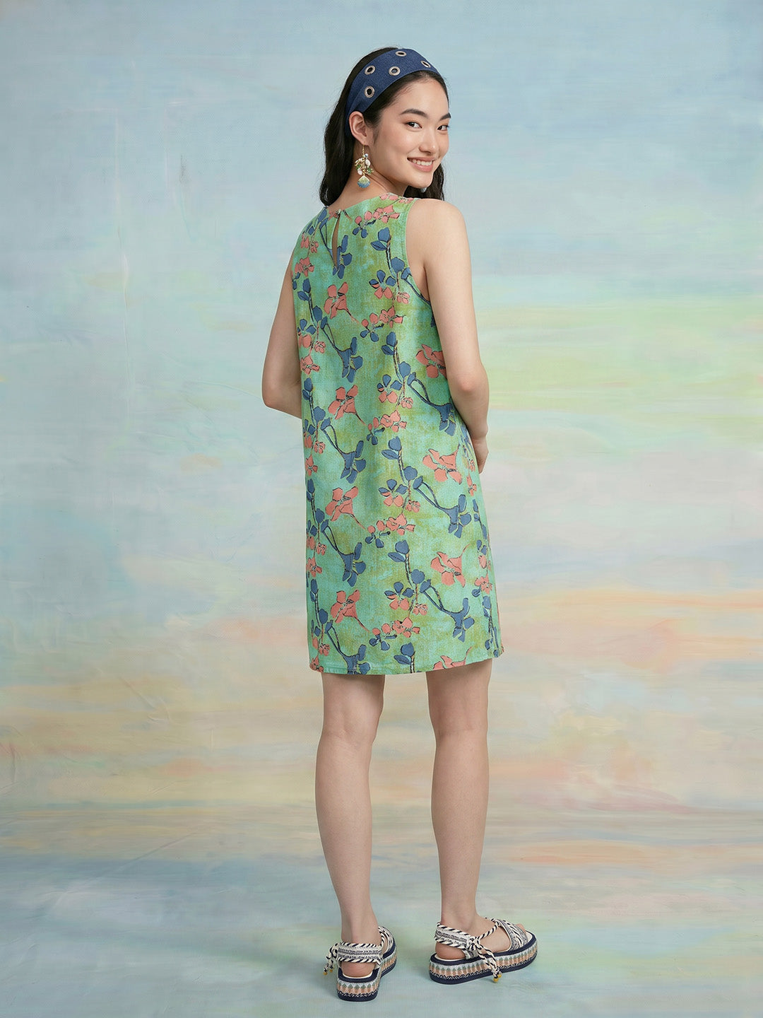 Janasya Green A-Line Cotton Dress | Grocsy