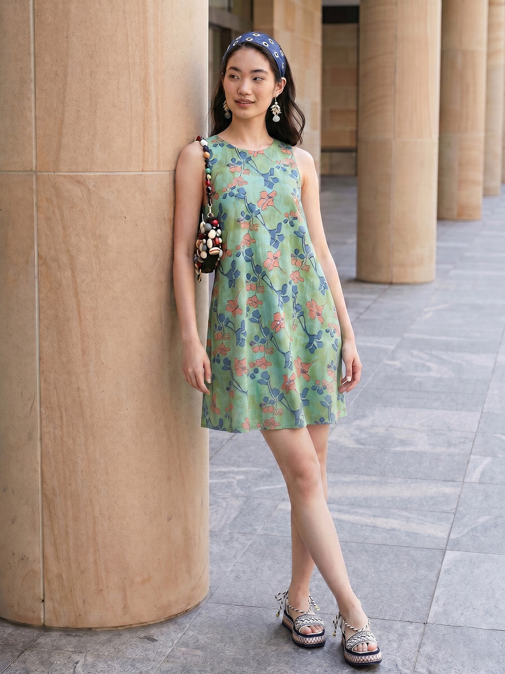 Janasya Green A-Line Cotton Dress | Grocsy