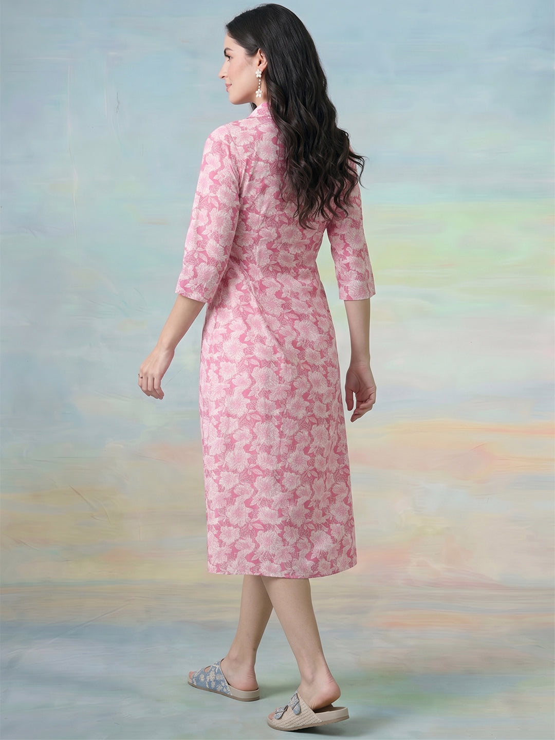 Janasya Pink A-Line Cotton Dress | Grocsy