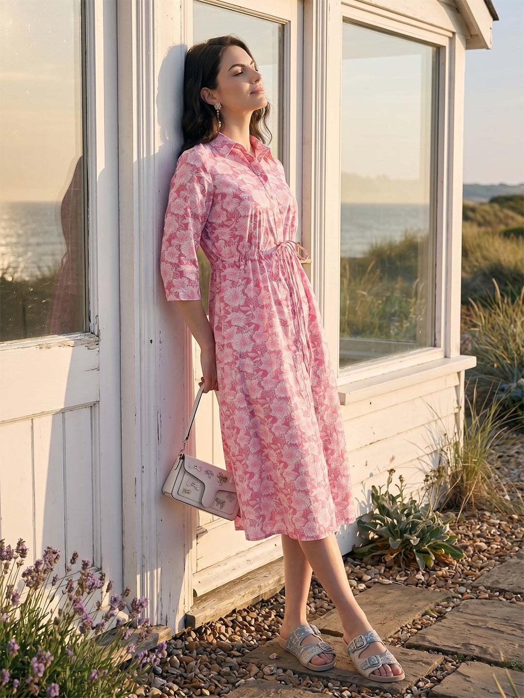 Janasya Pink A-Line Cotton Dress | Grocsy