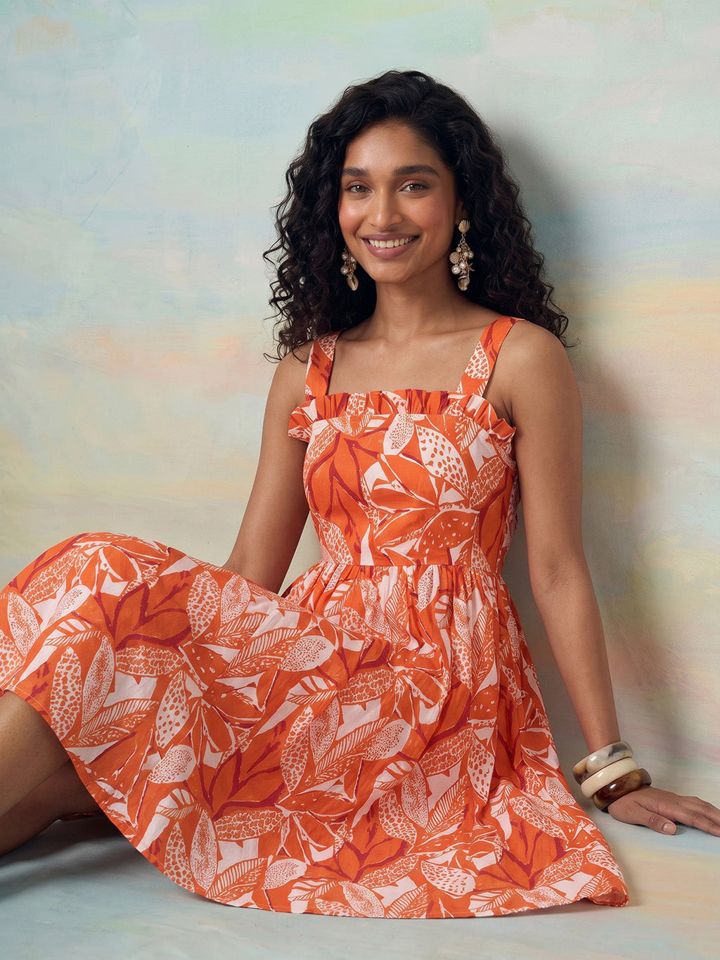 Janasya Orange Fit & Flare Cotton Dress | Grocsy