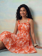 Janasya Orange Fit & Flare Cotton Dress | Grocsy