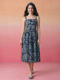 Janasya Navy Blue Flared Cotton Dress | Grocsy