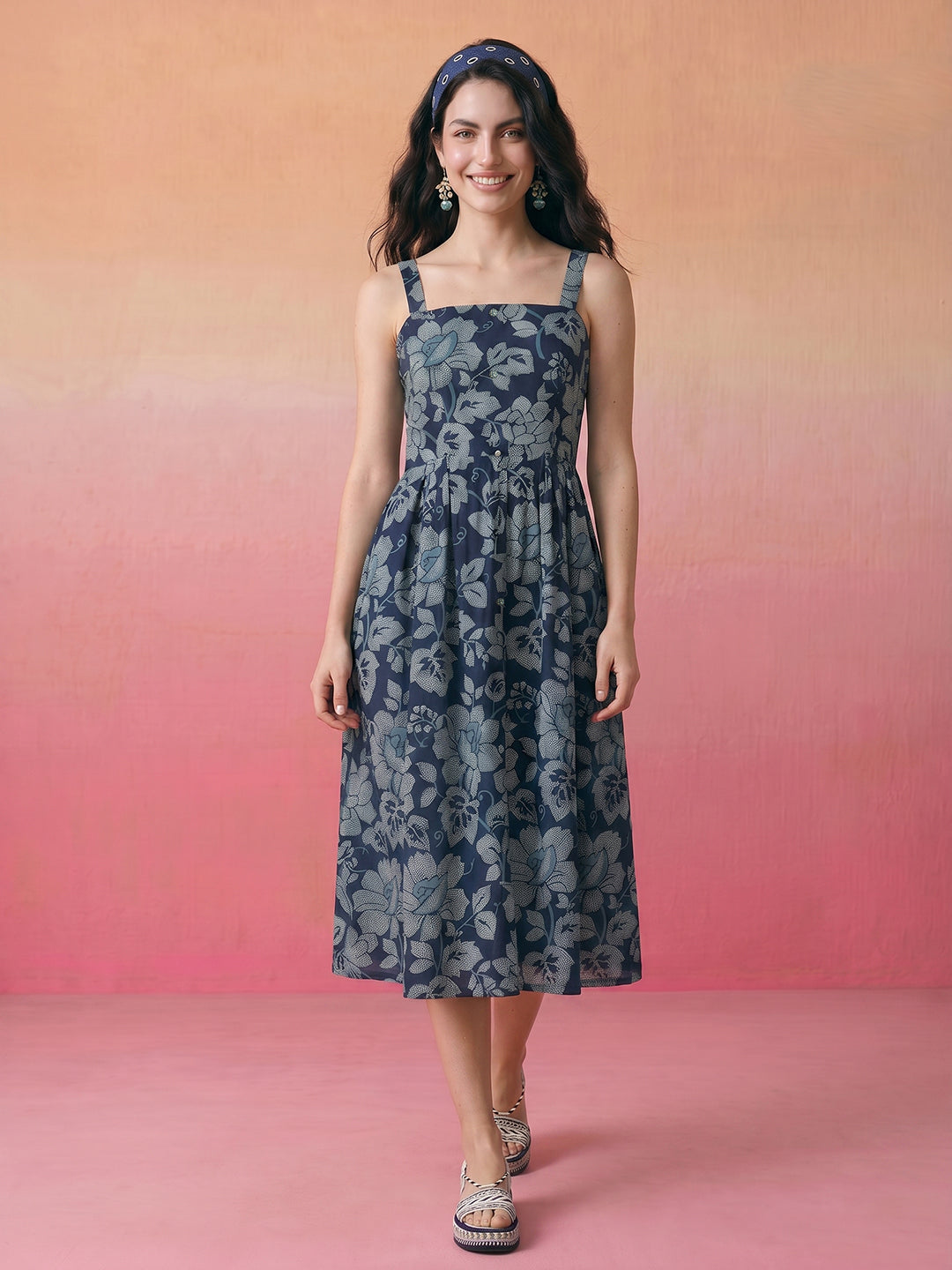 Janasya Navy Blue Flared Cotton Dress | Grocsy