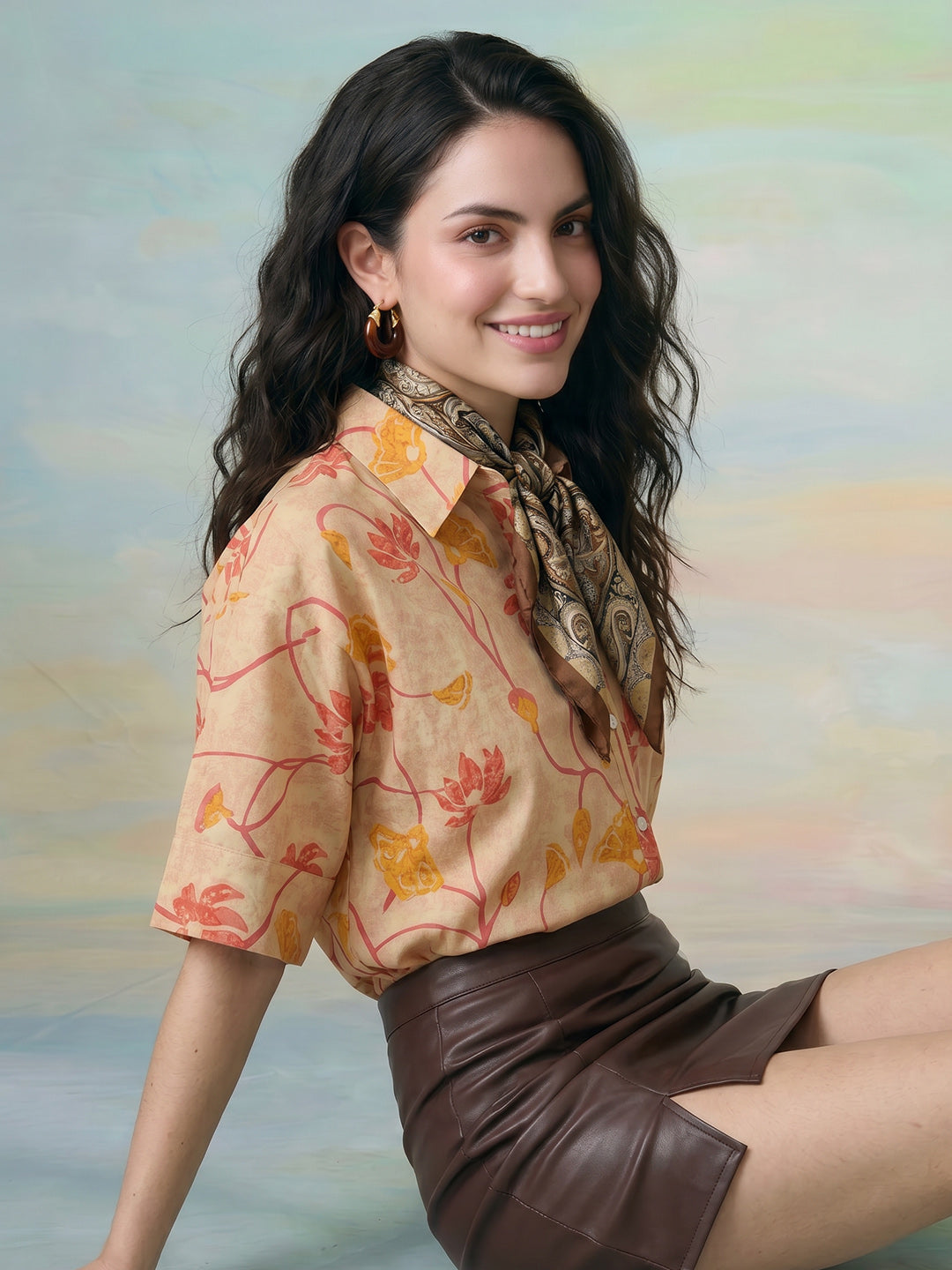 Janasya Beige Shirt Cotton Top | Grocsy