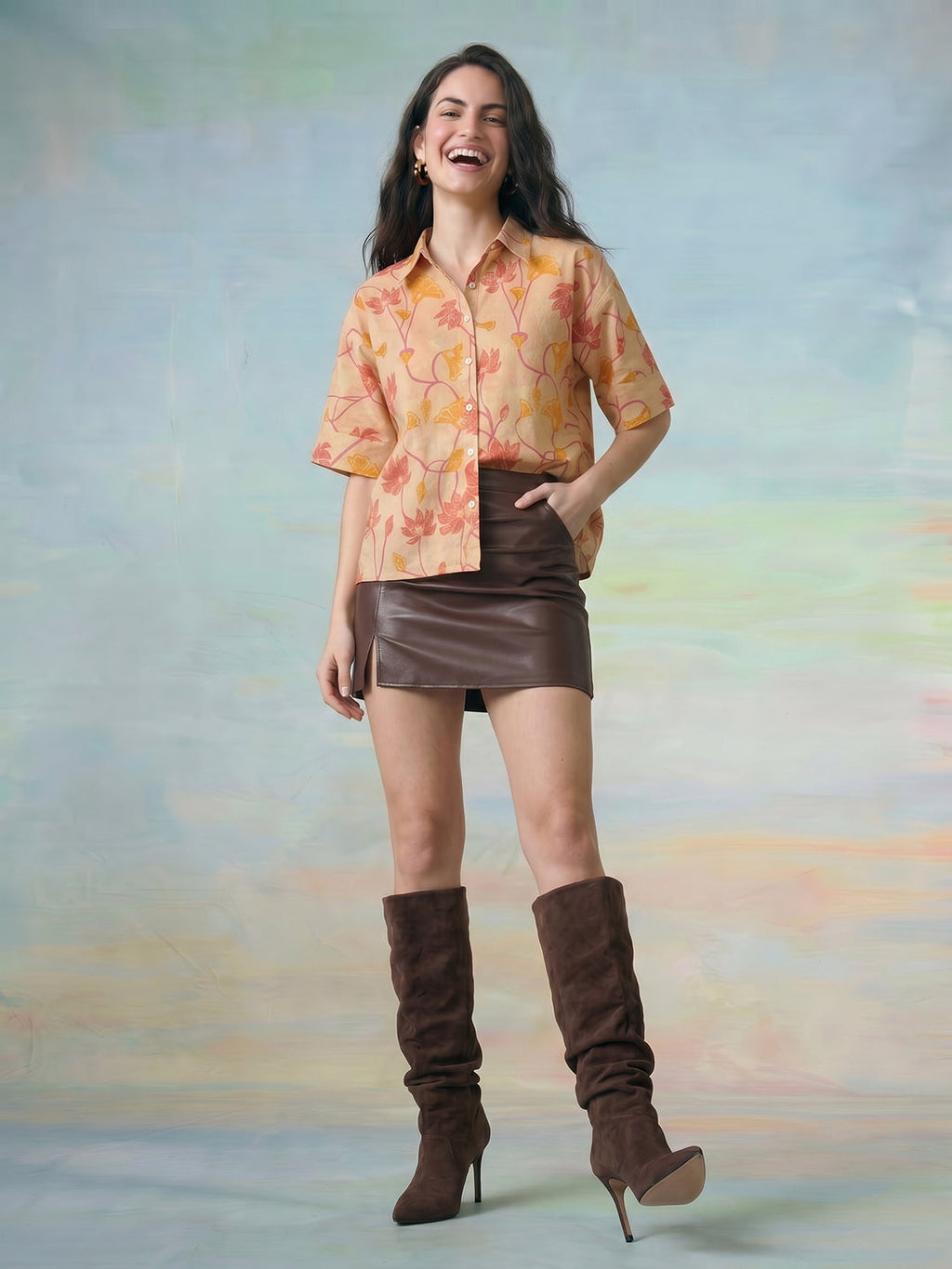 Janasya Beige Shirt Cotton Top | Grocsy