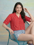 Janasya Red Shirt Cotton Top | Grocsy